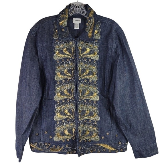 Chicos Denim Jean Jacket Size 3 US 16 XL Womens Sequin Embellished Blue New - Picture 2 of 12